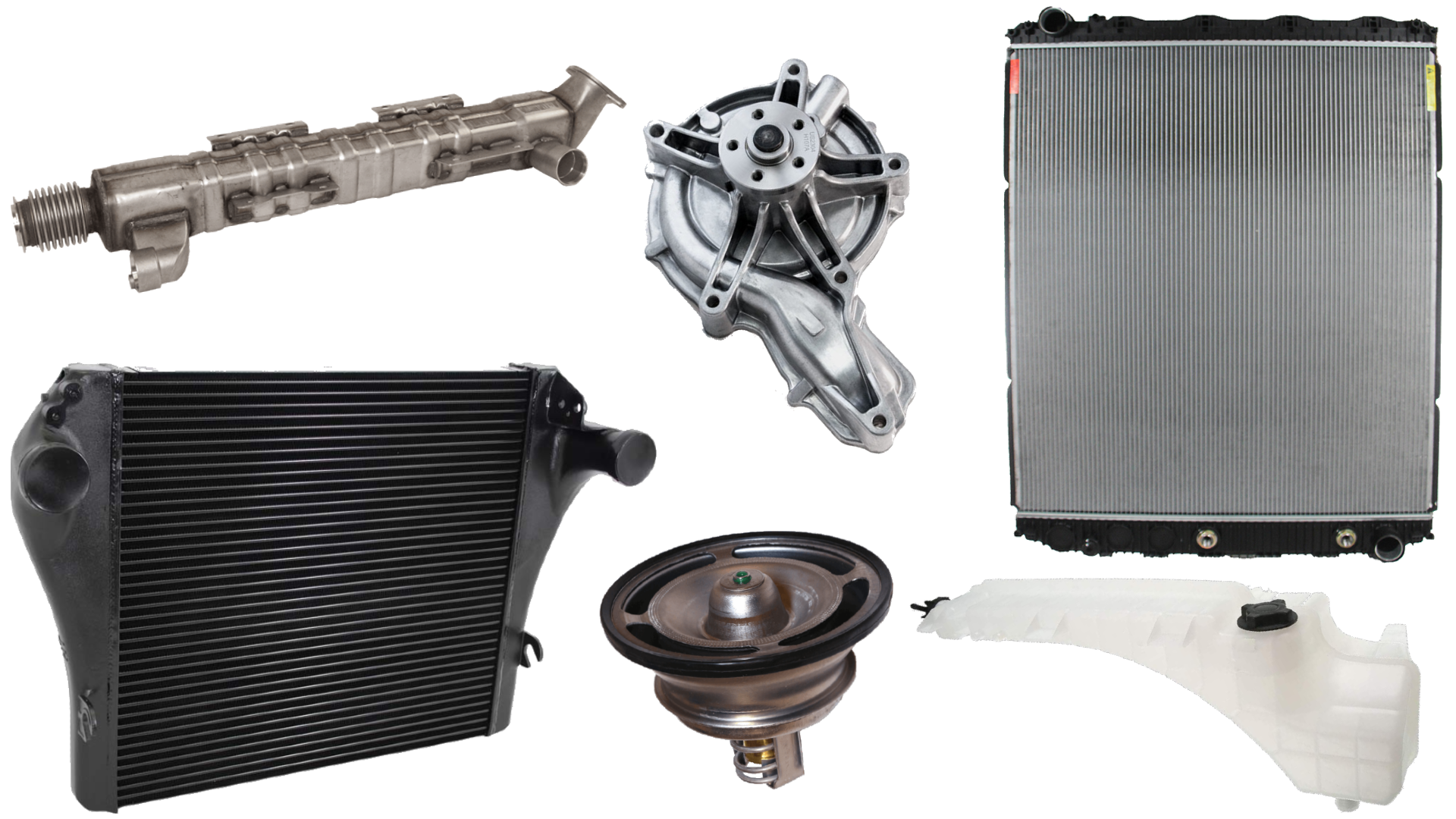 FleetRun radiators, charge air coolers, EGR coolers, coolant reservoir tanks, water pumps, thermostats for Volvo, Freightliner, Peterbilt, Kenworth semi trucks with Volvo D13, Cummins X15, Cummins ISX15, Paccar MX13 engines