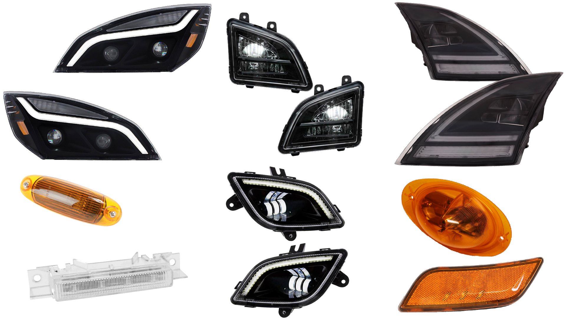  FleetRun headlights, fog lights, marker lights, cab lights, tail lights, clearance lights, utility lights, LED lights, 7 way ABS cables for Mack Pinnacle