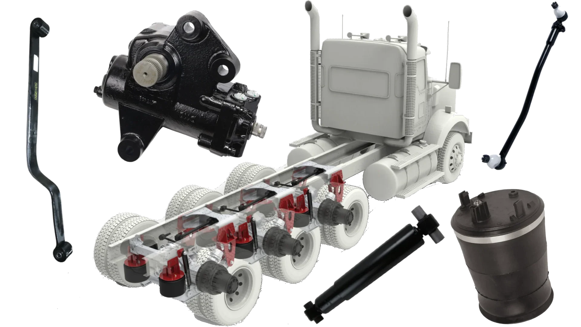 FleetRun suspension air bags, shock absorbers, steering gear boxes, drag links, tie rods, torque rods, leaf springs for Mack Pinnacle